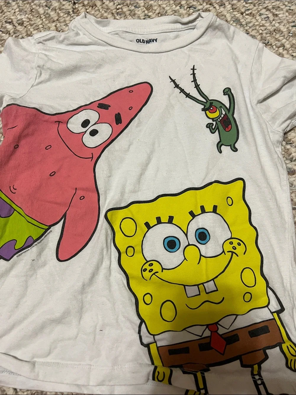 Old Navy White Tee with Yellow SpongeBob, Pink Patrick, and Green Plankton